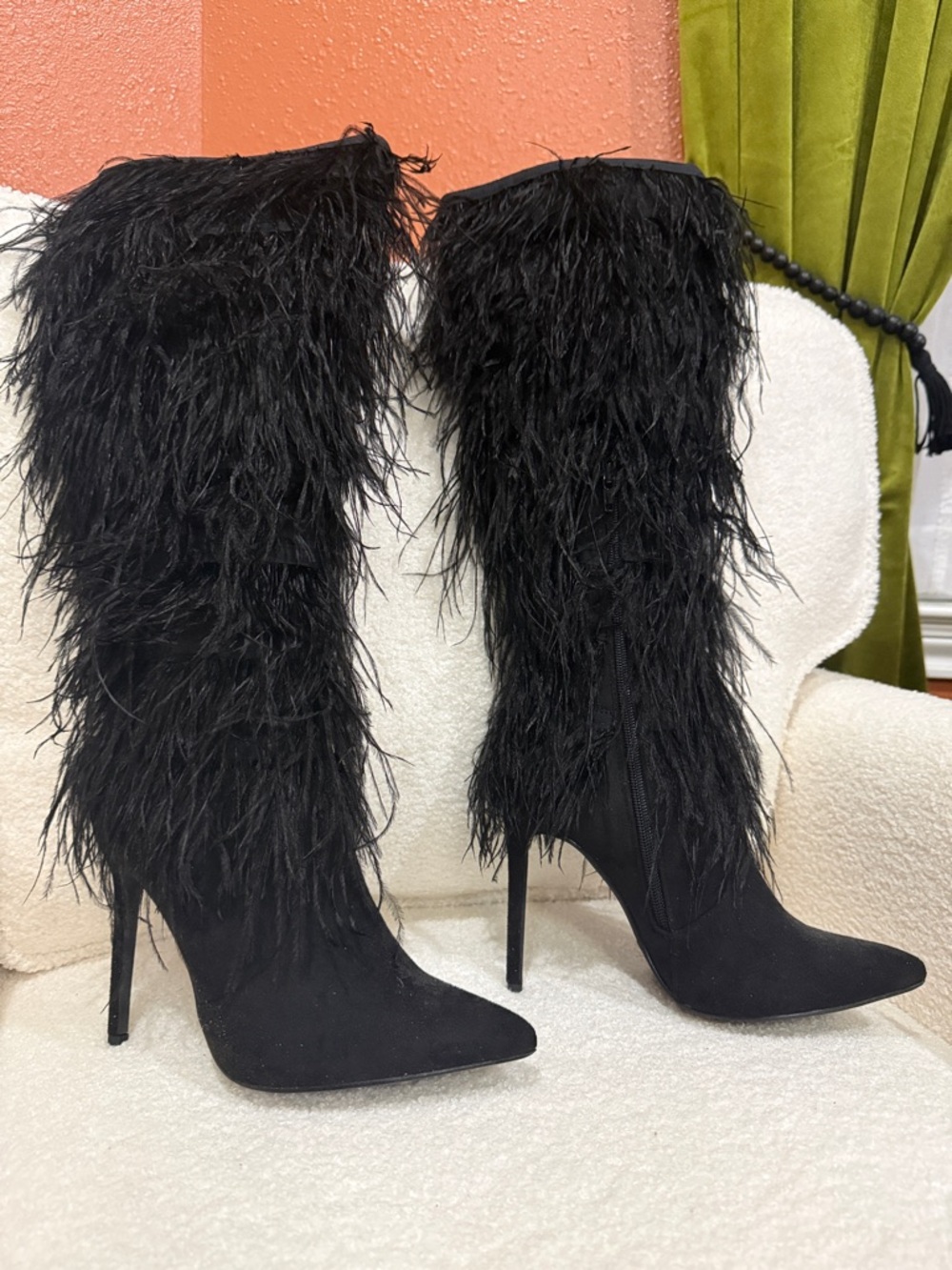 Black Feather-Trim Stiletto Knee Boots